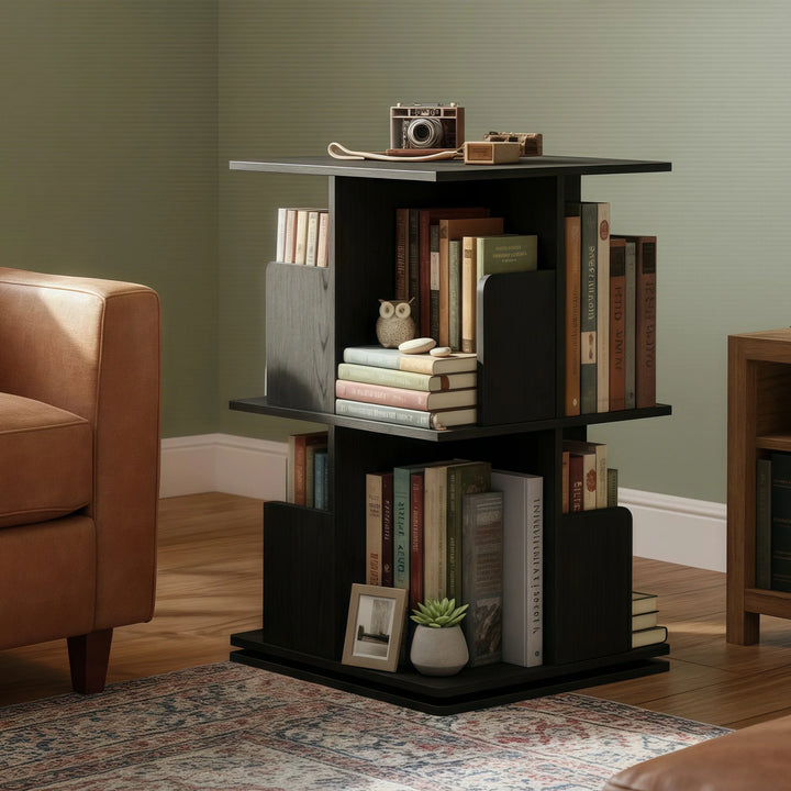 Wooden Rotating Bookcase Black Tall Square Bookshelf