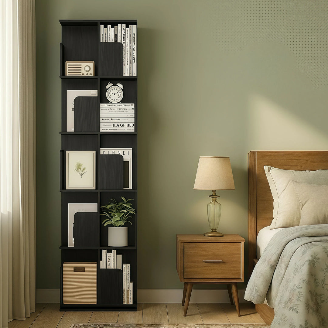 Wooden Rotating Bookcase Black Tall Square Bookshelf