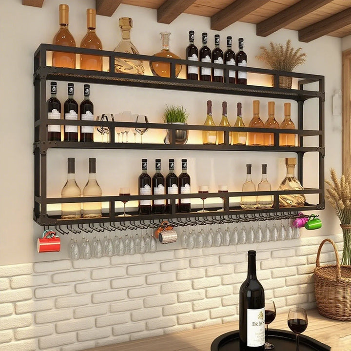 Simple Wall Mount Wine Rack Black Metal Liquor Rack