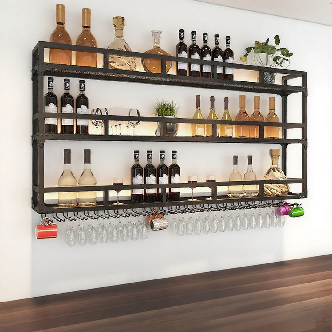 Simple Wall Mount Wine Rack Black Metal Liquor Rack