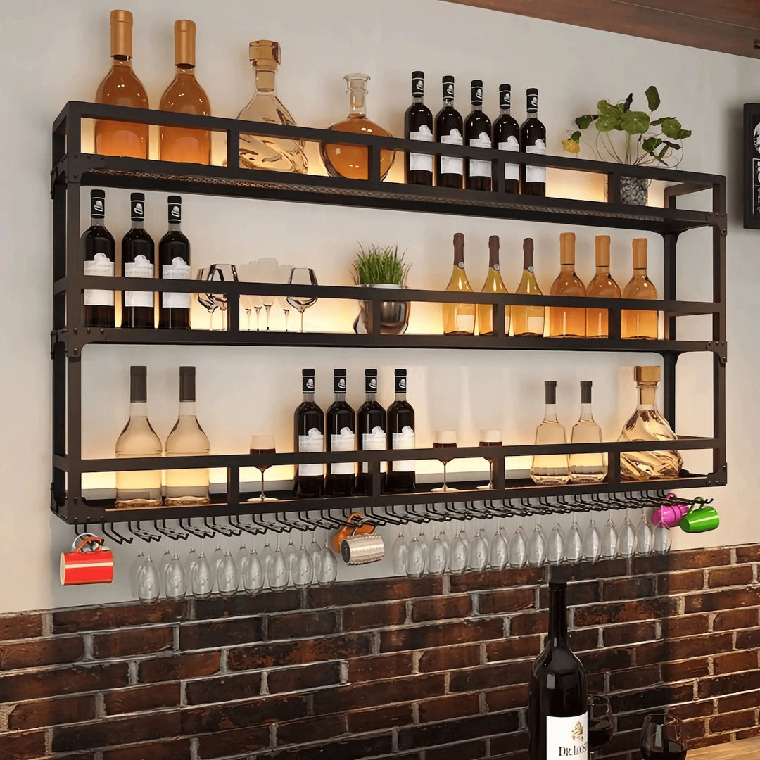 Simple Wall Mount Wine Rack Black Metal Liquor Rack