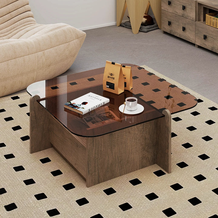 Square Glass Top Coffee Table with Wood Storage Drawer Base