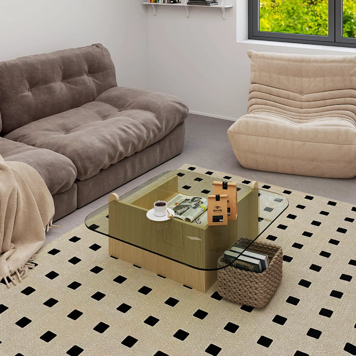 Square Glass Top Coffee Table with Wood Storage Drawer Base