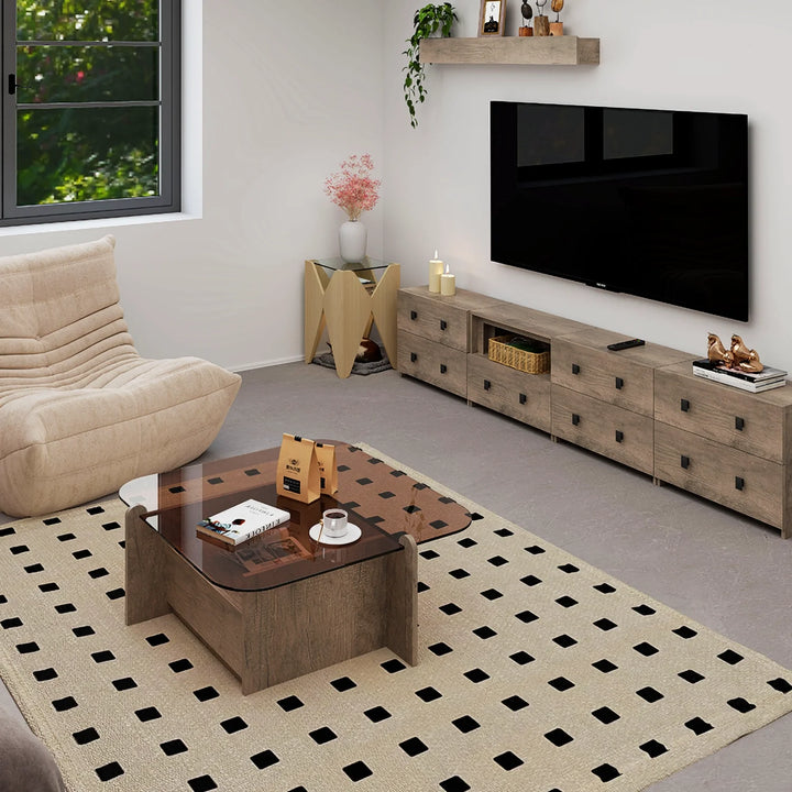 Square Glass Top Coffee Table with Wood Storage Drawer Base