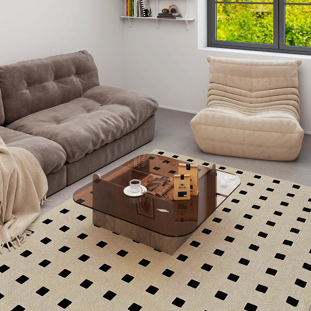 Square Glass Top Coffee Table with Wood Storage Drawer Base