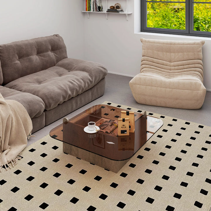 Square Glass Top Coffee Table with Wood Storage Drawer Base