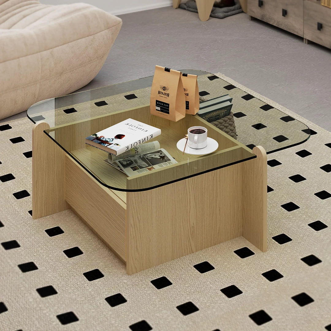 Square Glass Top Coffee Table with Wood Storage Drawer Base