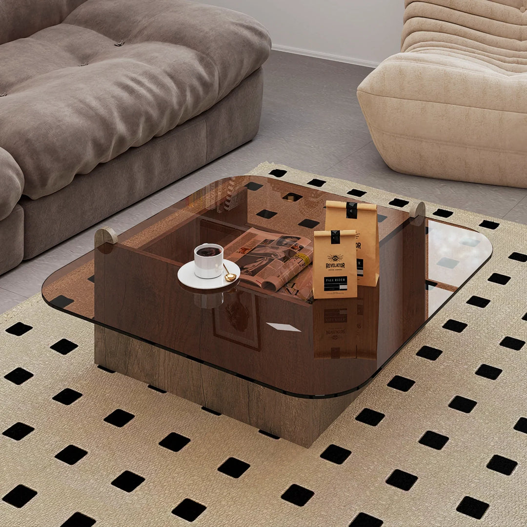 Square Glass Top Coffee Table with Wood Storage Drawer Base