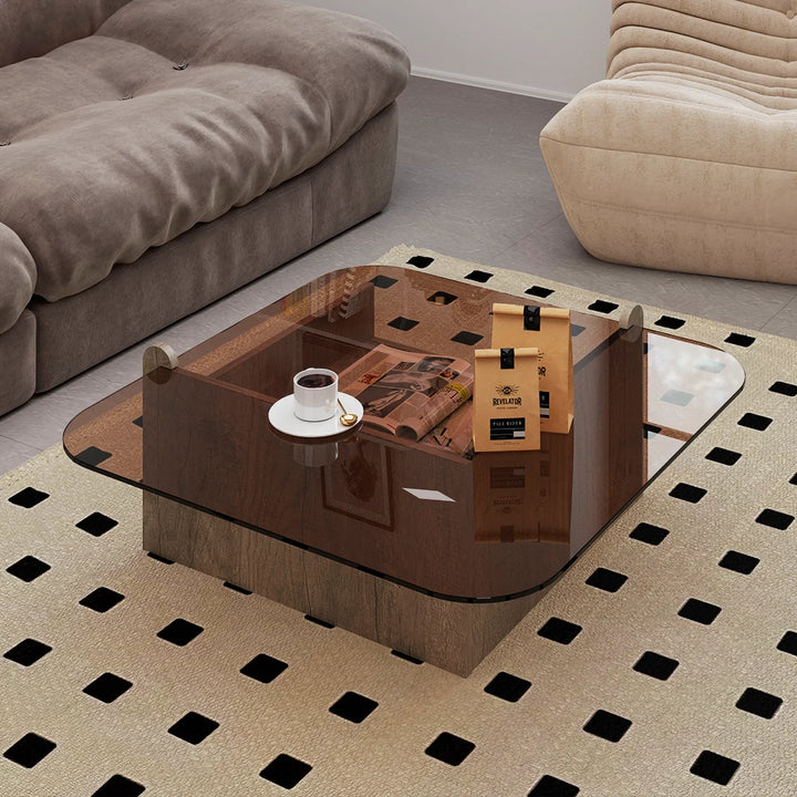 Square Glass Top Coffee Table with Wood Storage Drawer Base