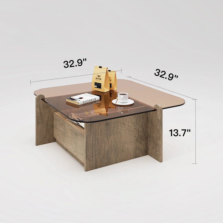 Square Glass Top Coffee Table with Wood Storage Drawer Base