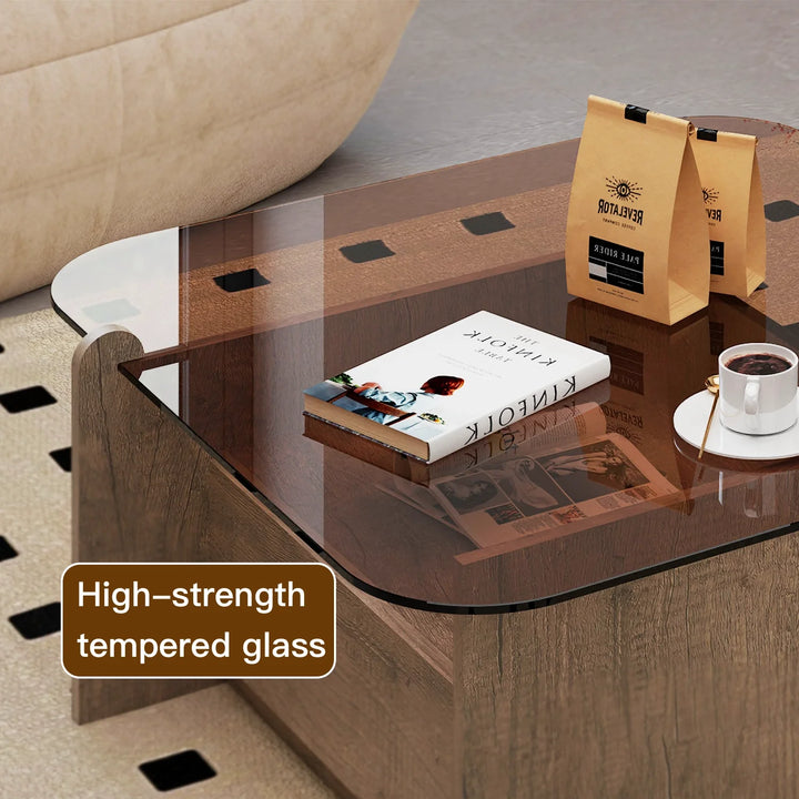 Square Glass Top Coffee Table with Wood Storage Drawer Base