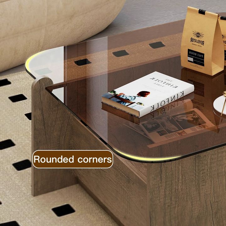 Square Glass Top Coffee Table with Wood Storage Drawer Base