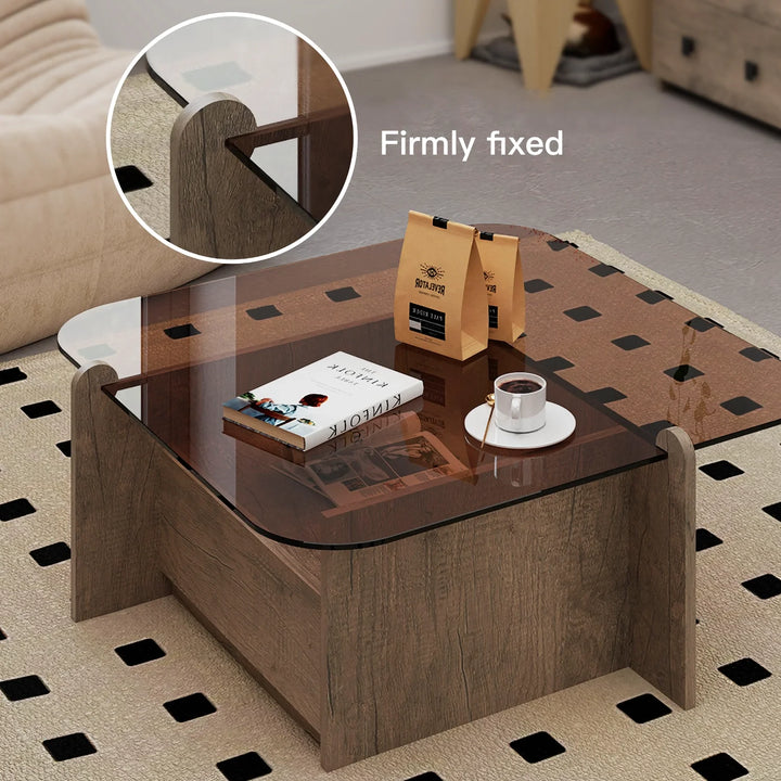 Square Glass Top Coffee Table with Wood Storage Drawer Base
