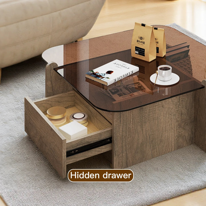 Square Glass Top Coffee Table with Wood Storage Drawer Base