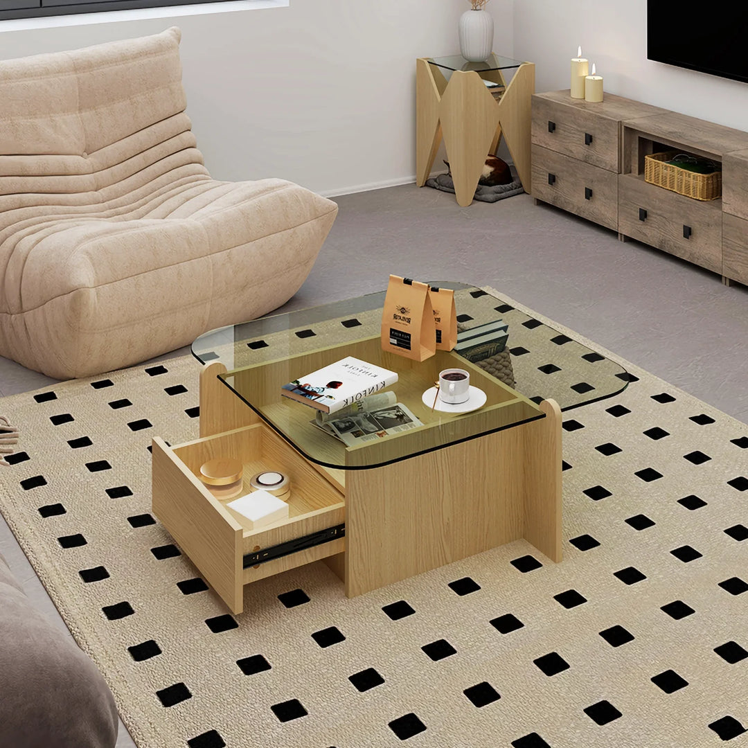 Square Glass Top Coffee Table with Wood Storage Drawer Base