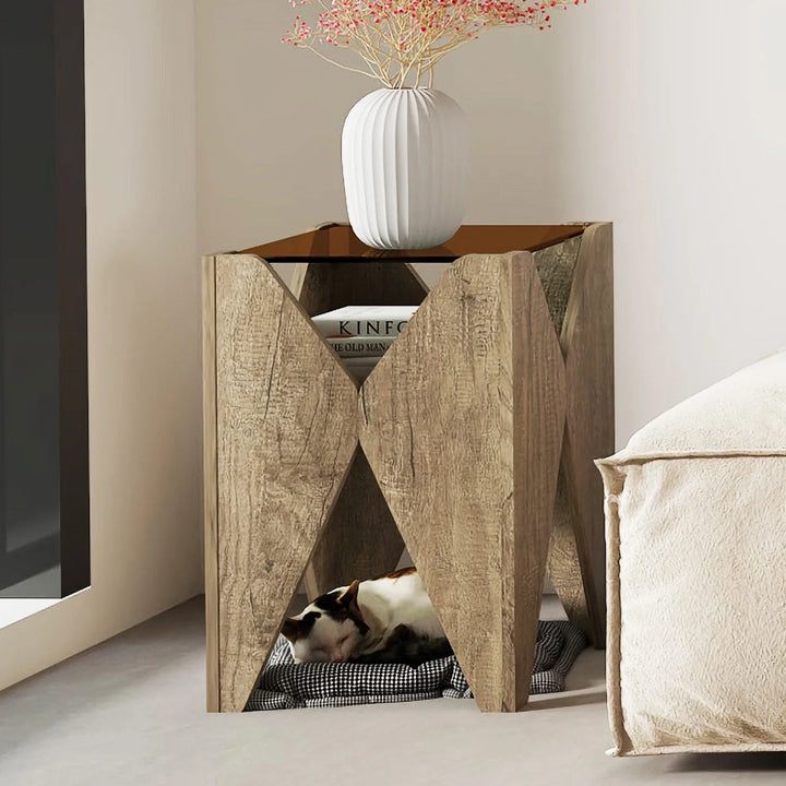 Modern Wood Pet Rest X-Shaped Side Table with Glass Top