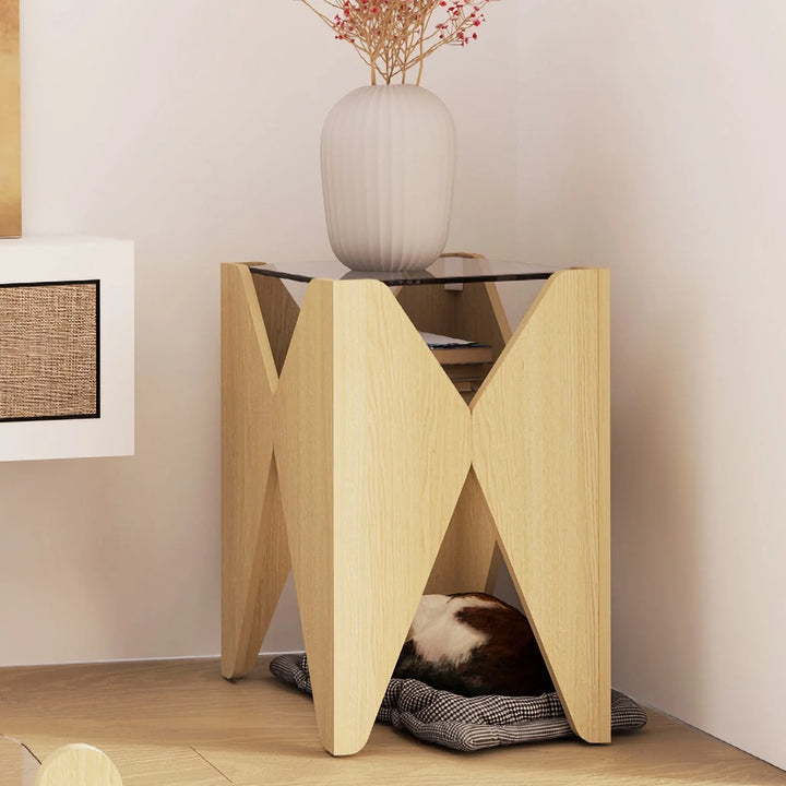 Modern Wood Pet Rest X-Shaped Side Table with Glass Top