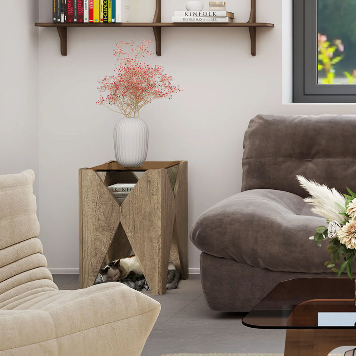 Modern Wood Pet Rest X-Shaped Side Table with Glass Top