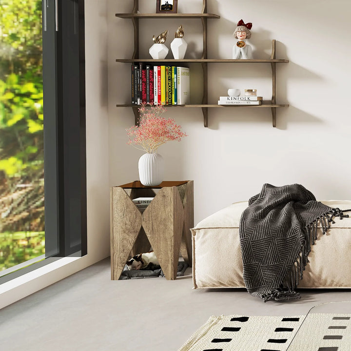 Modern Wood Pet Rest X-Shaped Side Table with Glass Top