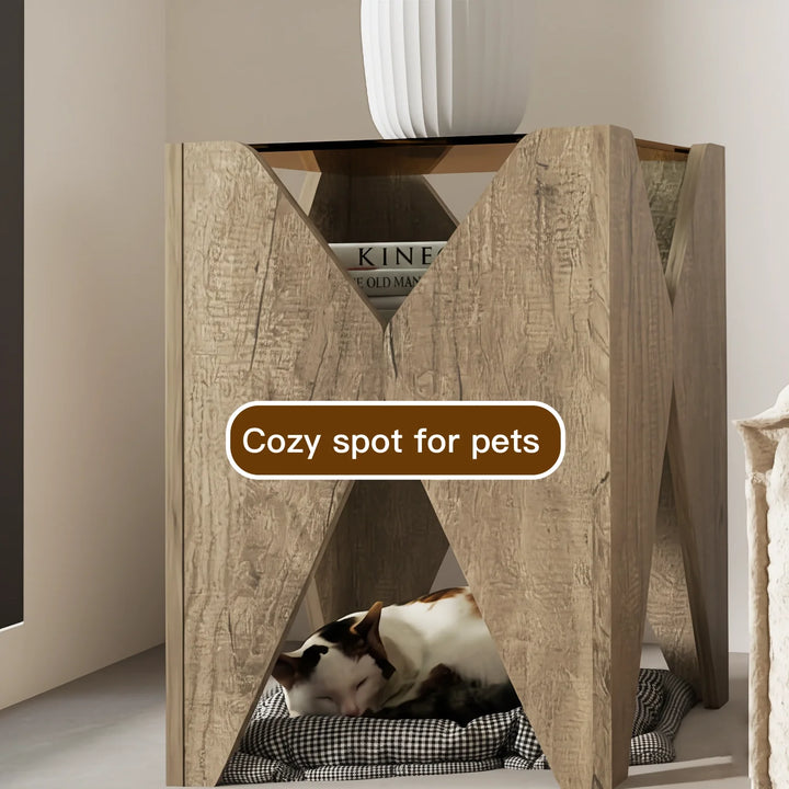 Modern Wood Pet Rest X-Shaped Side Table with Glass Top
