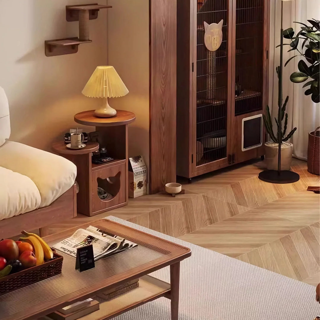Solid Wood Multi-Functional Side Table with Cat House