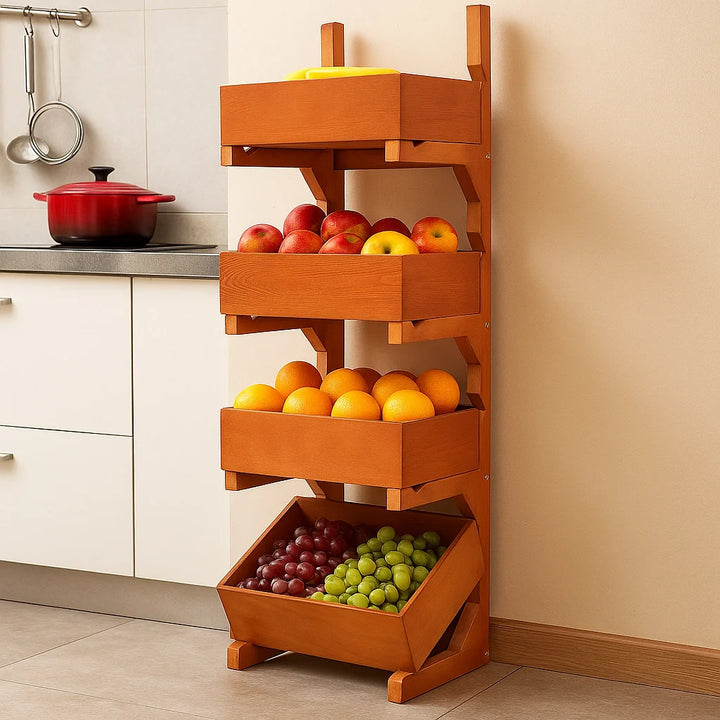 Solid Wood Fruit and Vegetable Storage Rack Organizer for Kitchen