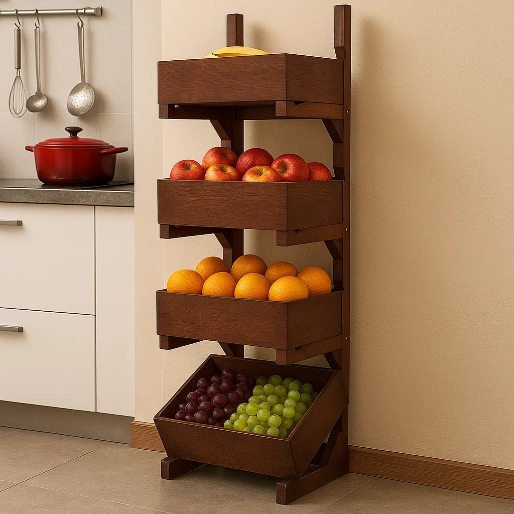 Solid Wood Fruit and Vegetable Storage Rack Organizer for Kitchen