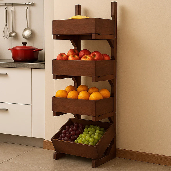Solid Wood Fruit and Vegetable Storage Rack Organizer for Kitchen