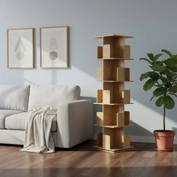 Freestanding Rotating Bookcase Wooden Square Storage Rack