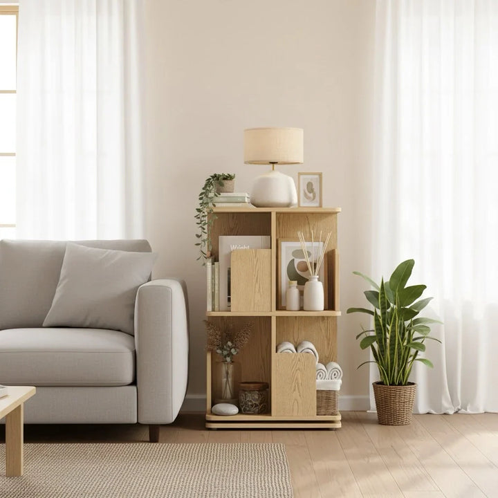 Freestanding Rotating Bookcase Wooden Square Storage Rack