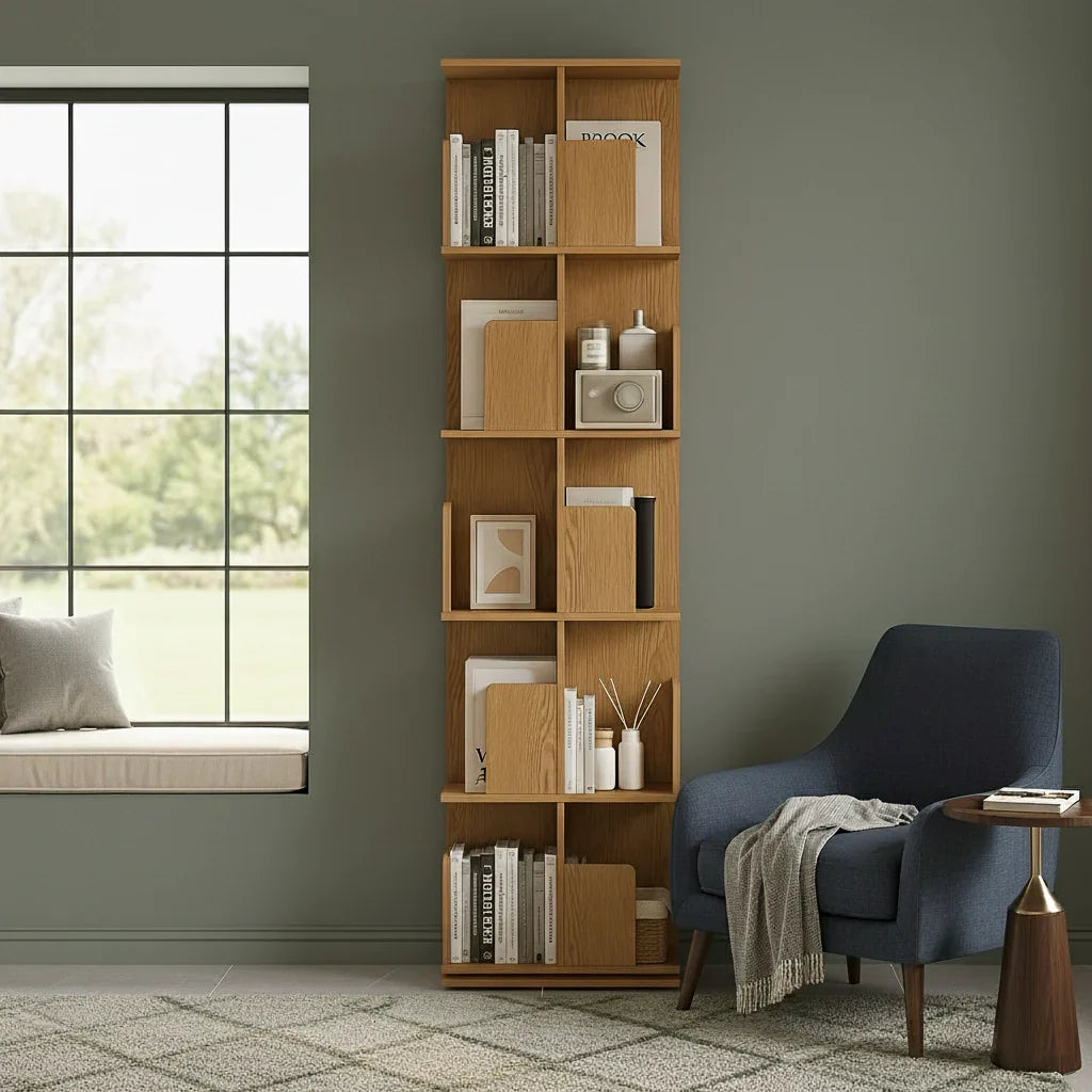 Freestanding Rotating Bookcase Wooden Square Storage Rack
