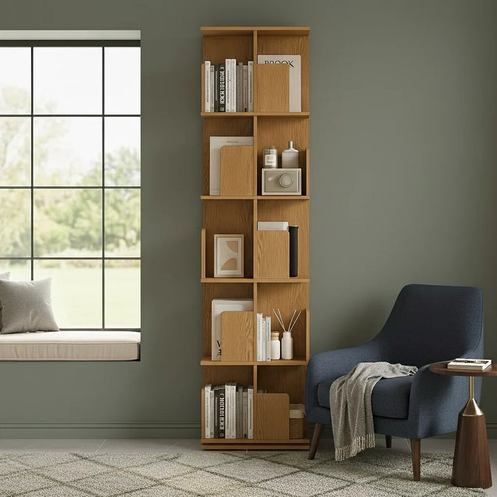 Freestanding Rotating Bookcase Wooden Square Storage Rack