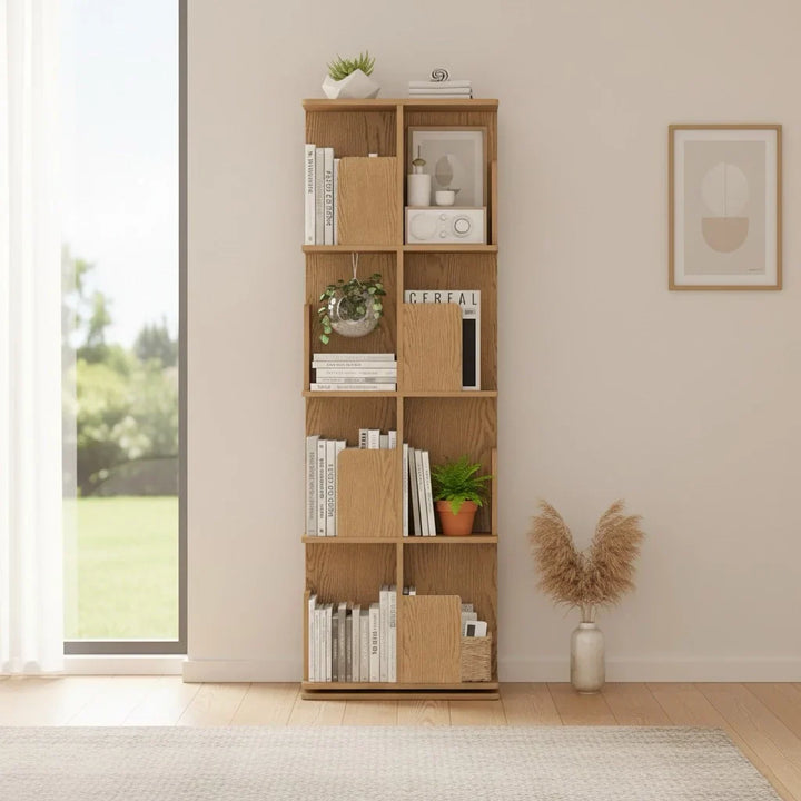 Freestanding Rotating Bookcase Wooden Square Storage Rack