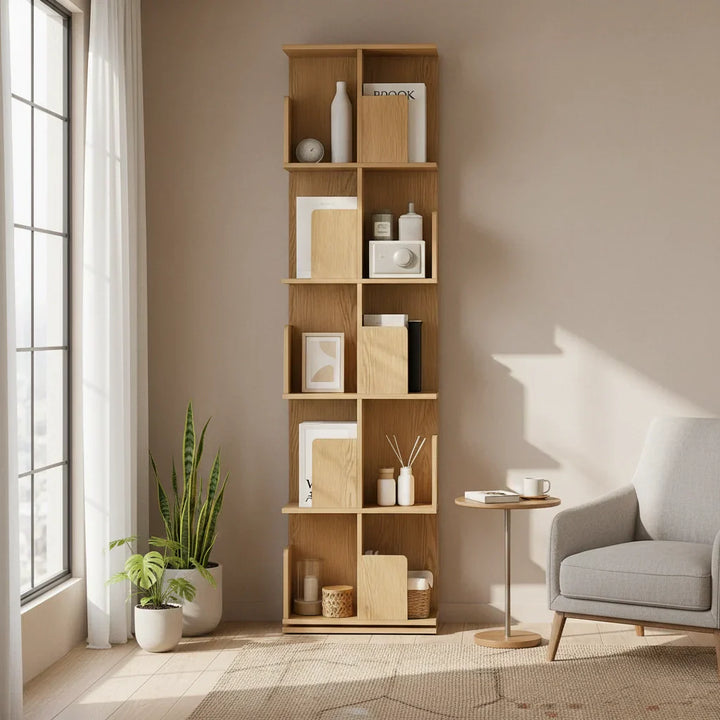 Freestanding Rotating Bookcase Wooden Square Storage Rack