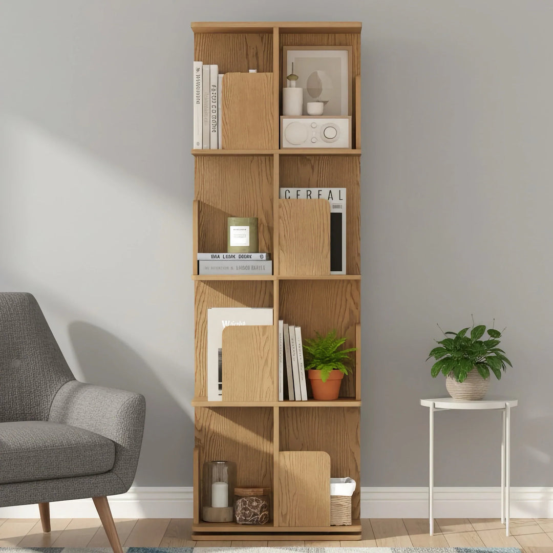 Freestanding Rotating Bookcase Wooden Square Storage Rack