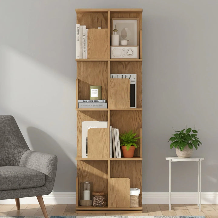 Freestanding Rotating Bookcase Wooden Square Storage Rack