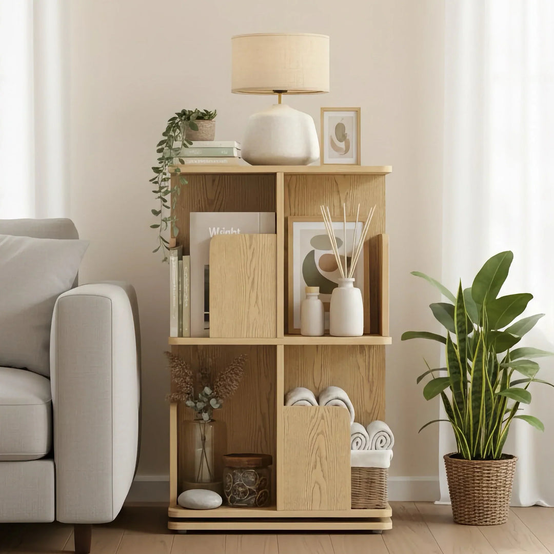 Freestanding Rotating Bookcase Wooden Square Storage Rack