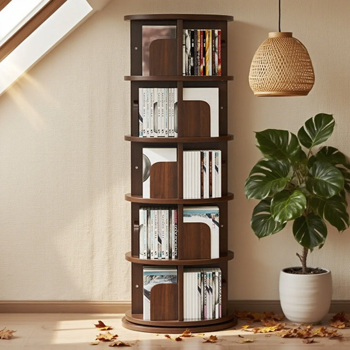 Solid Wood 360 Degree Rotating Bookcase Corner Tall Bookshelf