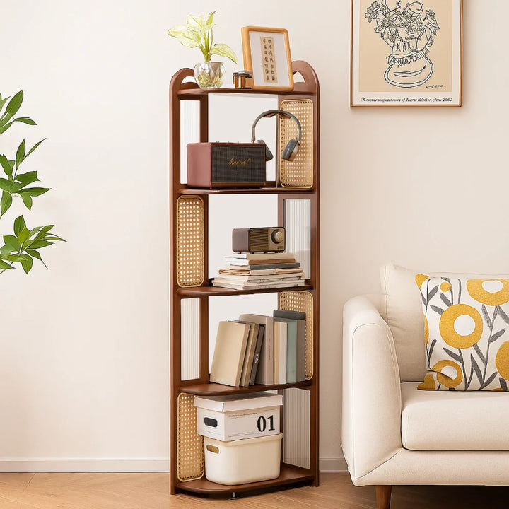 Solid Wood Rattan Bookshelf Corner Storage Rack