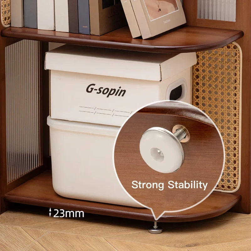 Solid Wood Rattan Bookshelf Corner Storage Rack
