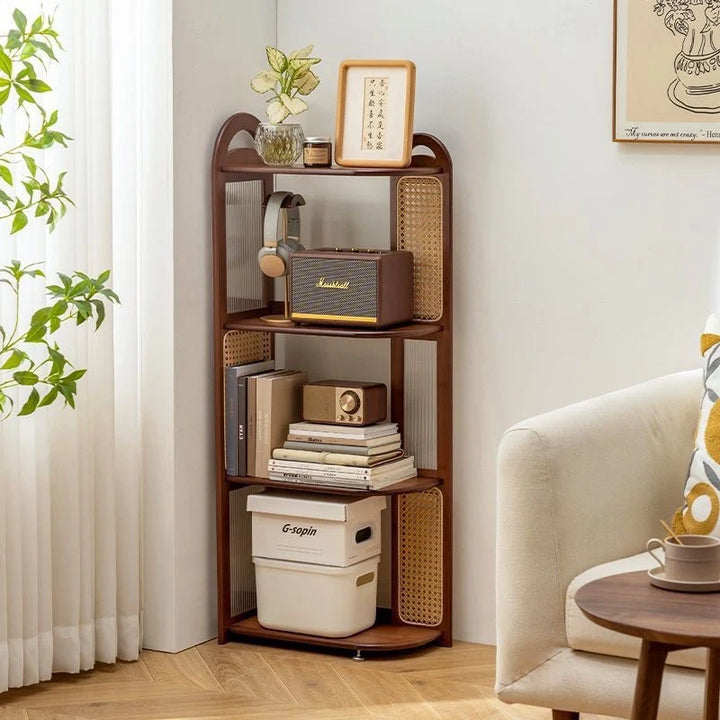 Solid Wood Rattan Bookshelf Corner Storage Rack