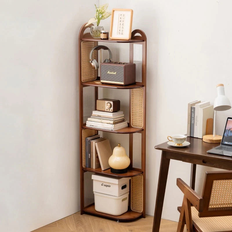 Solid Wood Rattan Bookshelf Corner Storage Rack