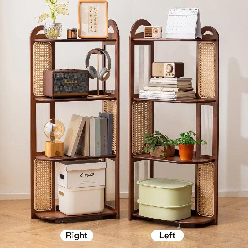 Solid Wood Rattan Bookshelf Corner Storage Rack