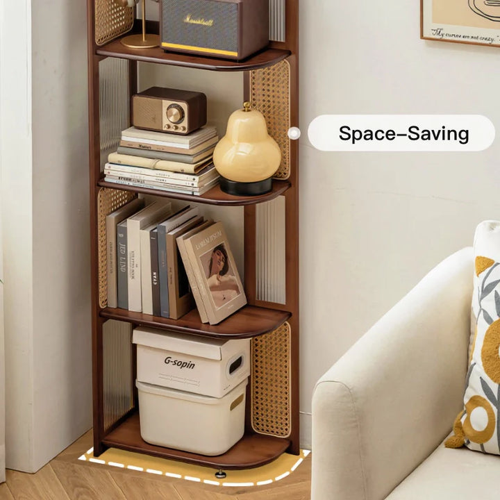 Solid Wood Rattan Bookshelf Corner Storage Rack