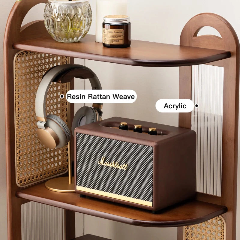 Solid Wood Rattan Bookshelf Corner Storage Rack