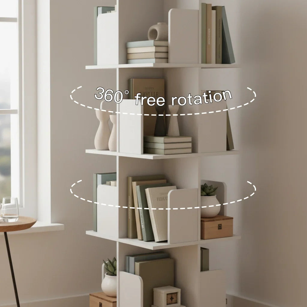White Wooden Rotating Bookcase Square Tall Standing Bookshelf