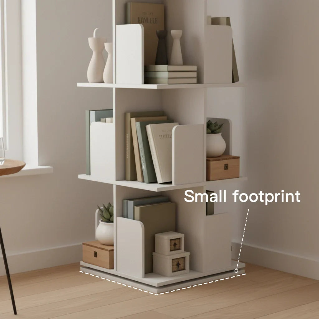 White Wooden Rotating Bookcase Square Tall Standing Bookshelf