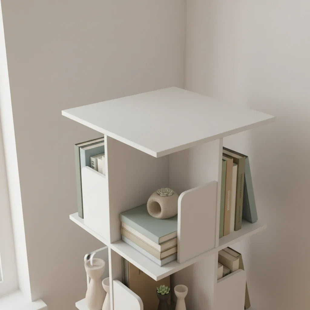 White Wooden Rotating Bookcase Square Tall Standing Bookshelf