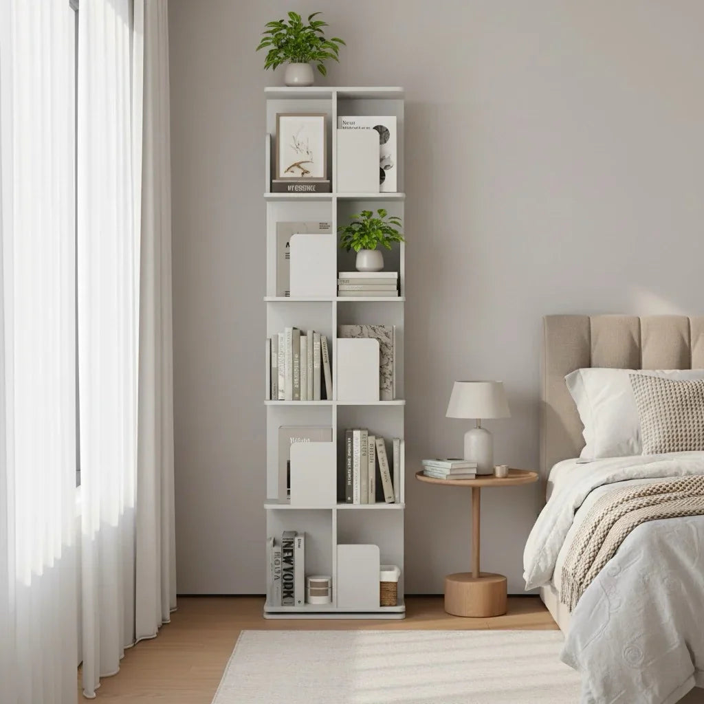 White Wooden Rotating Bookcase Square Tall Standing Bookshelf