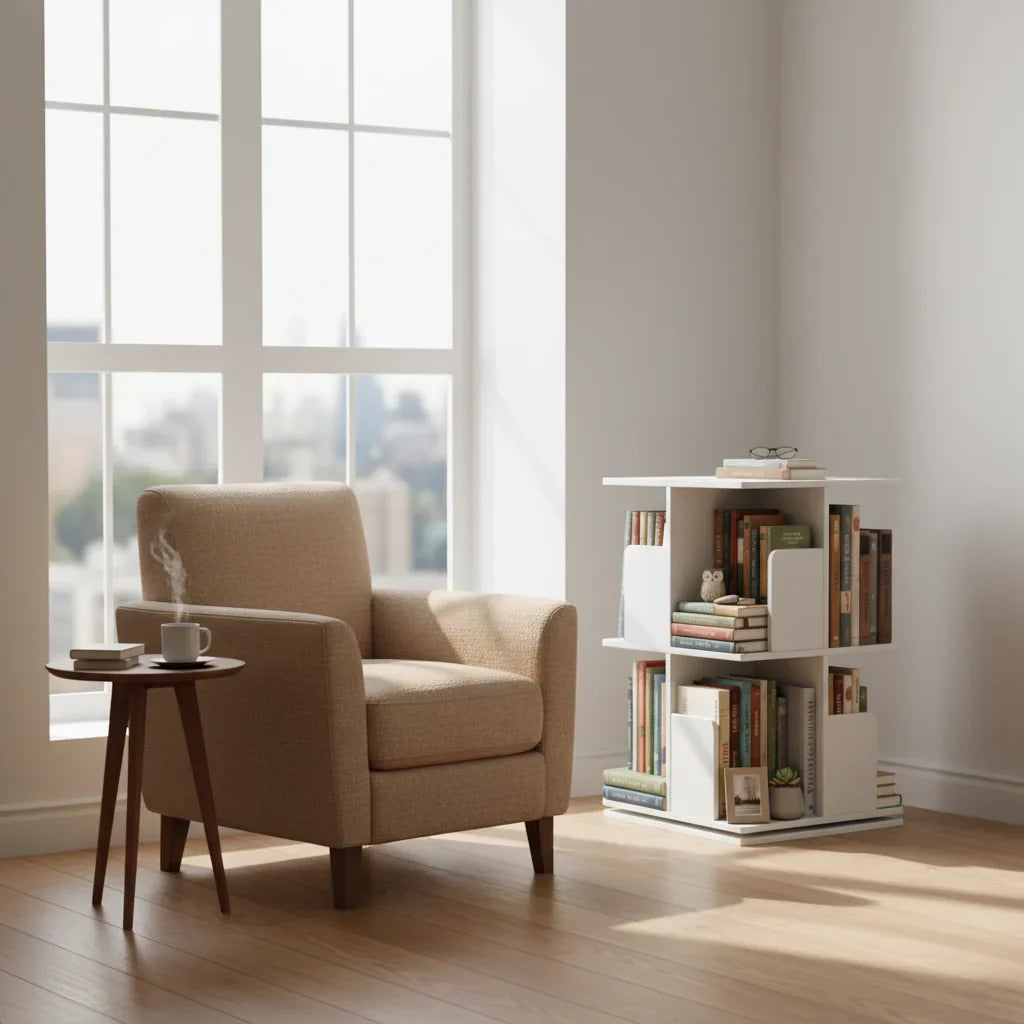 White Wooden Rotating Bookcase Square Tall Standing Bookshelf